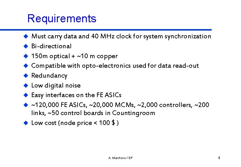 Requirements u u u u u Must carry data and 40 MHz clock for