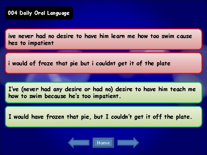 004 Daily Oral Language ive never had no desire to have him learn me