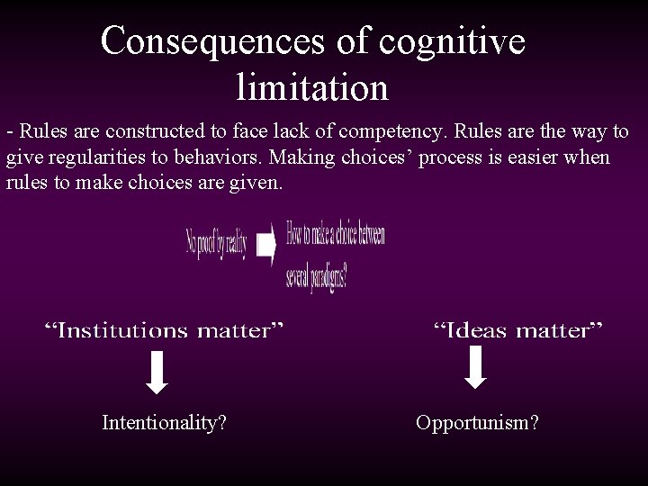 Consequences of cognitive limitation - Rules are constructed to face lack of competency. Rules