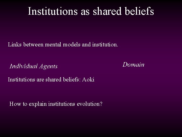 Institutions as shared beliefs Links between mental models and institution. Institutions are shared beliefs: