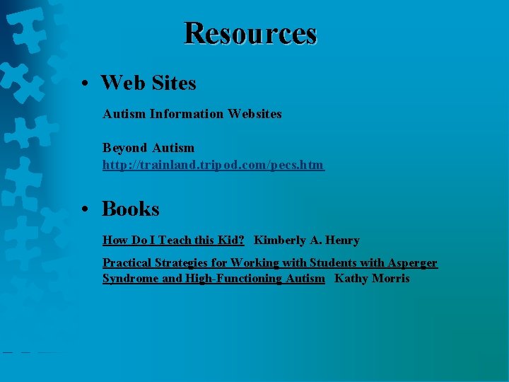 Resources • Web Sites Autism Information Websites Beyond Autism http: //trainland. tripod. com/pecs. htm