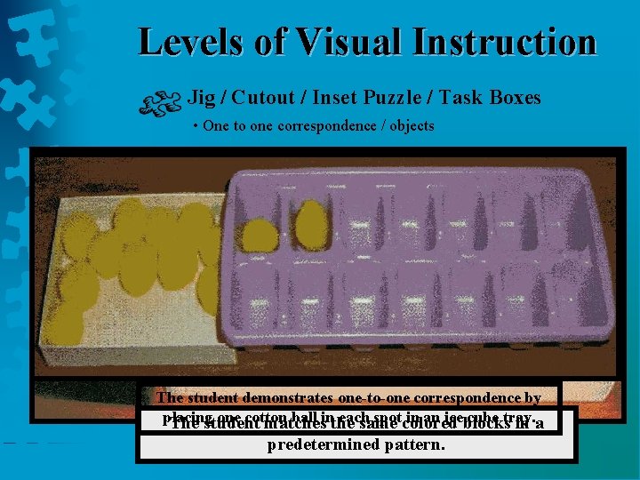 Levels of Visual Instruction Jig / Cutout / Inset Puzzle / Task Boxes •