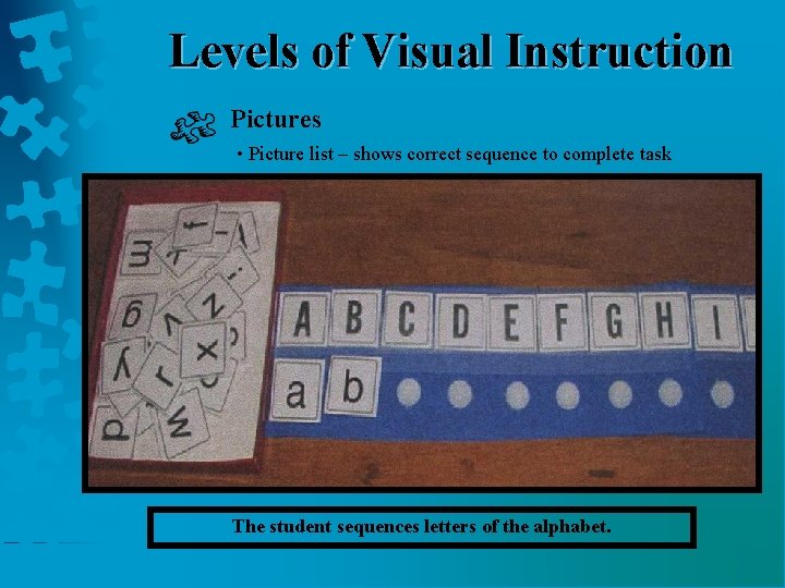 Levels of Visual Instruction Pictures • Picture list – shows correct sequence to complete