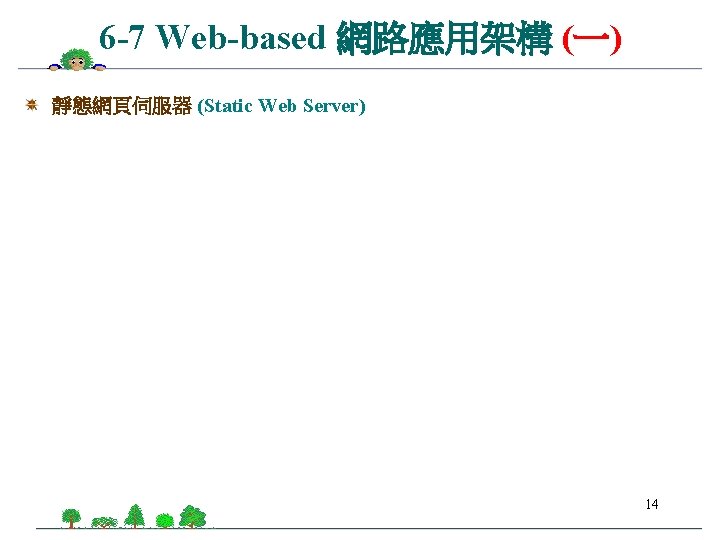 6 -7 Web-based 網路應用架構 (一) 靜態網頁伺服器 (Static Web Server) 14 