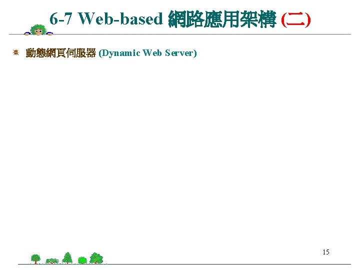 6 -7 Web-based 網路應用架構 (二) 動態網頁伺服器 (Dynamic Web Server) 15 