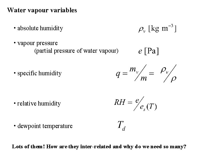 Water vapour variables • absolute humidity • vapour pressure (partial pressure of water vapour)