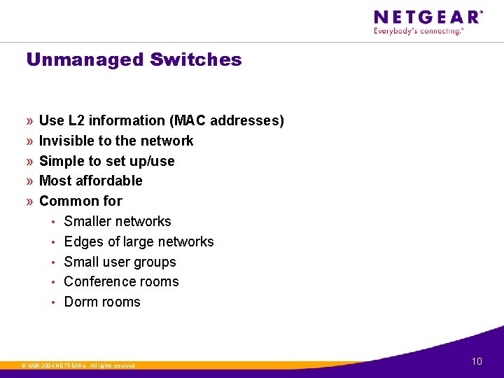 Unmanaged Switches » » » Use L 2 information (MAC addresses) Invisible to the
