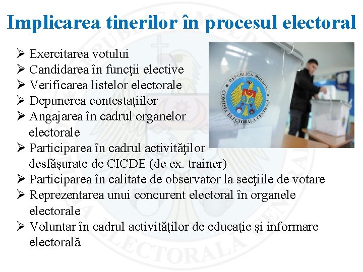 Implicarea tinerilor în procesul electoral Ø Exercitarea votului Ø Candidarea în funcţii elective Ø