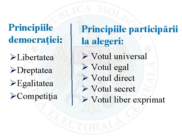 Principiile democraţiei: Principiile participării la alegeri: ØLibertatea ØDreptatea ØEgalitatea ØCompetiţia Ø Votul universal Ø