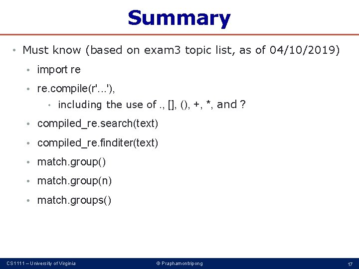 Summary • Must know (based on exam 3 topic list, as of 04/10/2019) • Summary • Must know (based on exam 3 topic list, as of 04/10/2019) •