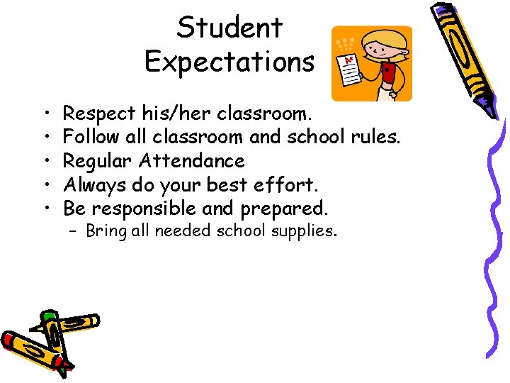 Student Expectations • • • Respect his/her classroom. Follow all classroom and school rules.