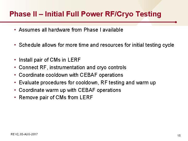 Phase II – Initial Full Power RF/Cryo Testing • Assumes all hardware from Phase