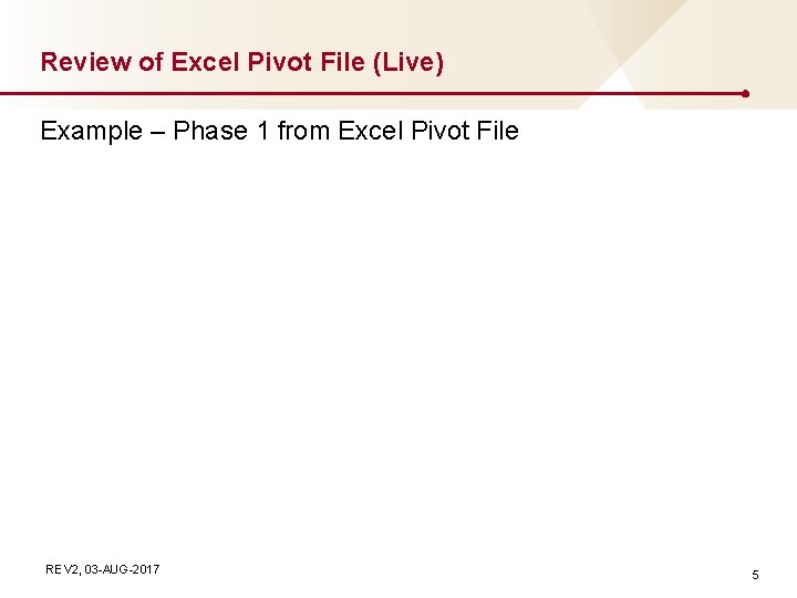 Review of Excel Pivot File (Live) Example – Phase 1 from Excel Pivot File