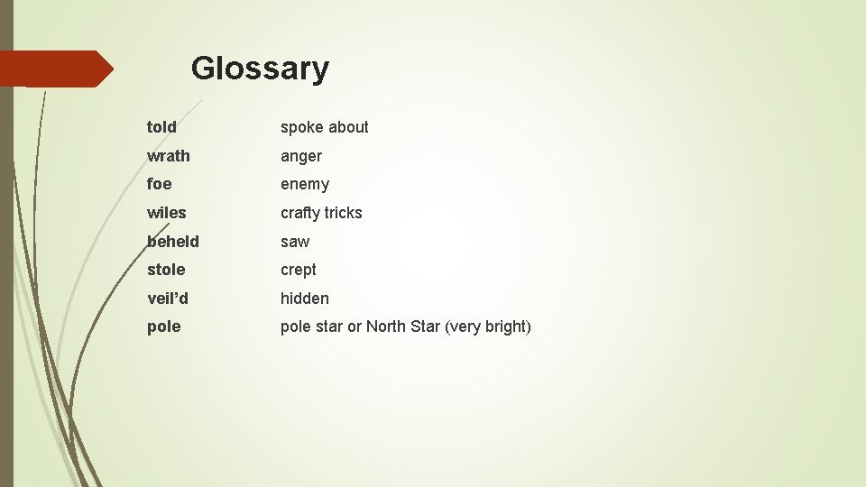 Glossary told spoke about wrath anger foe enemy wiles crafty tricks beheld saw stole
