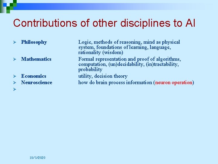 Contributions of other disciplines to AI Ø Philosophy Ø Mathematics Ø Economics Neuroscience Ø