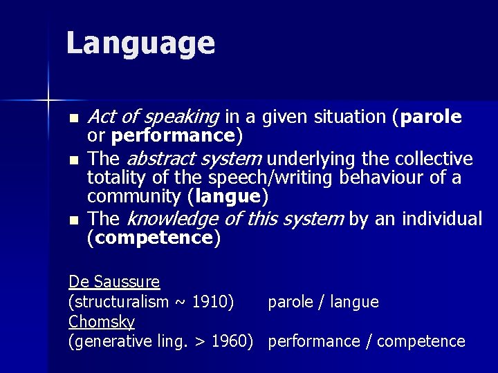 Language n n n Act of speaking in a given situation (parole or performance)