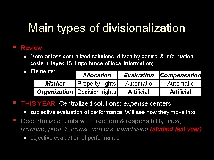 Main types of divisionalization ▪ Review ♦ More or less centralized solutions: driven by