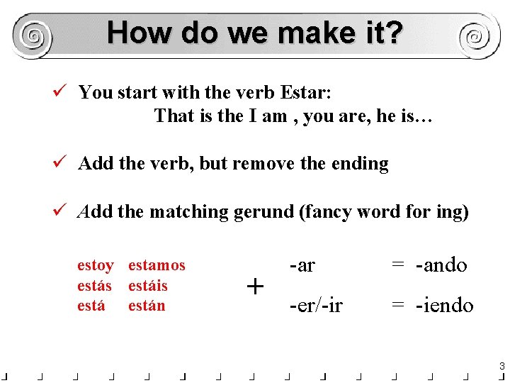 How do we make it? ü You start with the verb Estar: That is