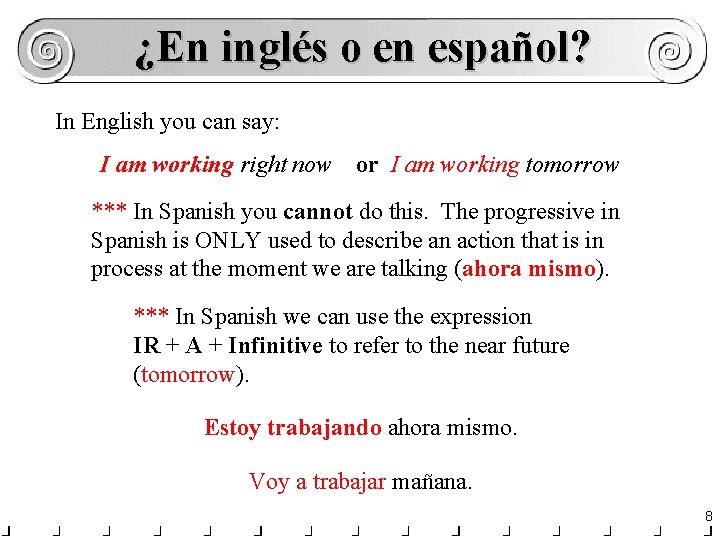 ¿En inglés o en español? In English you can say: I am working right