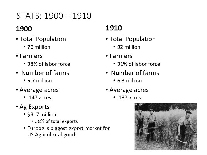 STATS: 1900 – 1910 1900 1910 • Total Population • 76 million • Farmers