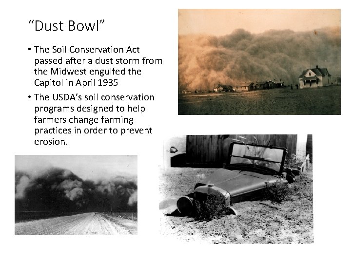 “Dust Bowl” • The Soil Conservation Act passed after a dust storm from the