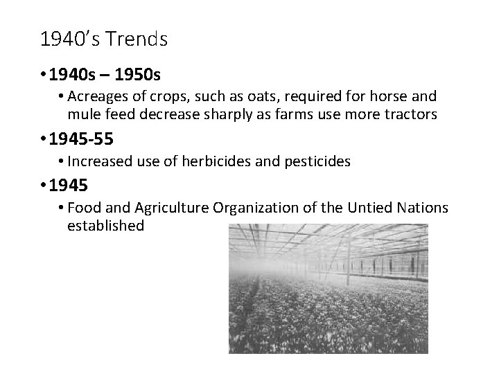 1940’s Trends • 1940 s – 1950 s • Acreages of crops, such as