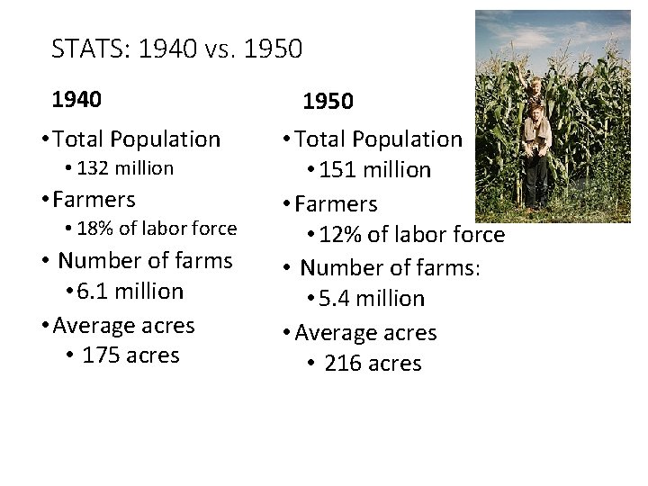 STATS: 1940 vs. 1950 1940 • Total Population • 132 million • Farmers •