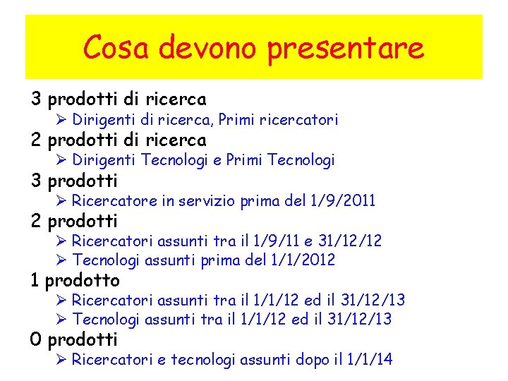 Cosa devono presentare 3 prodotti di ricerca Ø Dirigenti di ricerca, Primi ricercatori 2