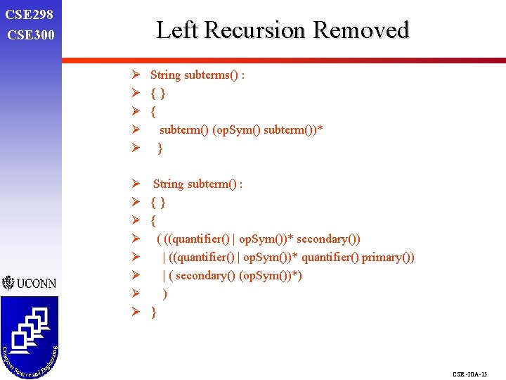 CSE 298 CSE 300 Left Recursion Removed Ø String subterms() : Ø {} Ø