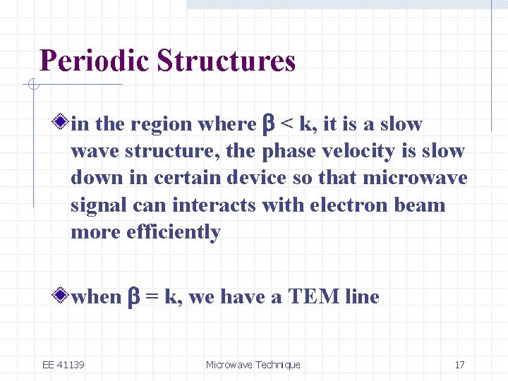 Periodic Structures in the region where b < k, it is a slow wave