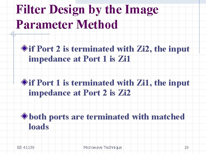 Filter Design by the Image Parameter Method if Port 2 is terminated with Zi