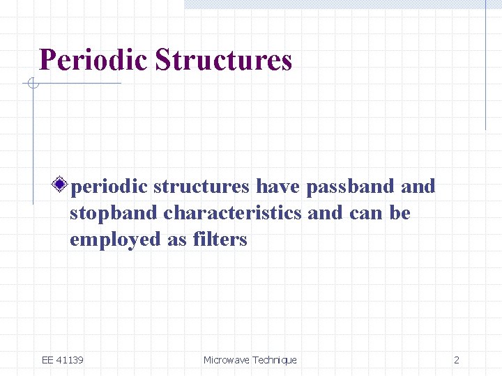 Periodic Structures periodic structures have passband stopband characteristics and can be employed as filters