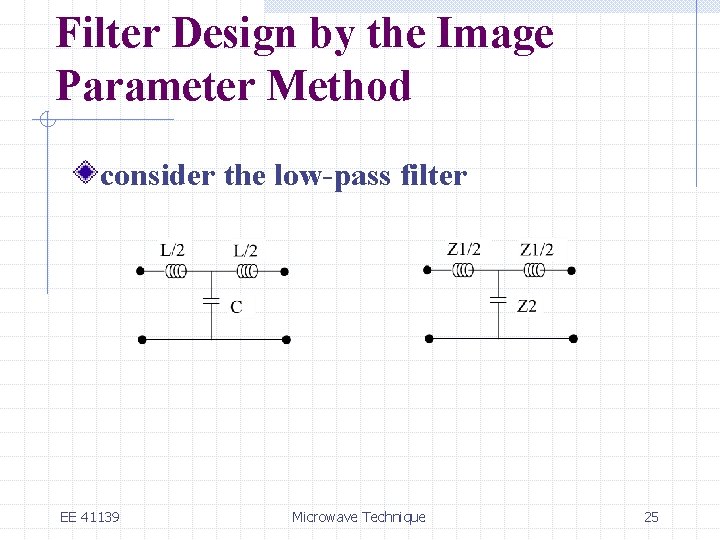 Filter Design by the Image Parameter Method consider the low-pass filter EE 41139 Microwave