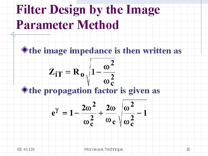 Filter Design by the Image Parameter Method the image impedance is then written as