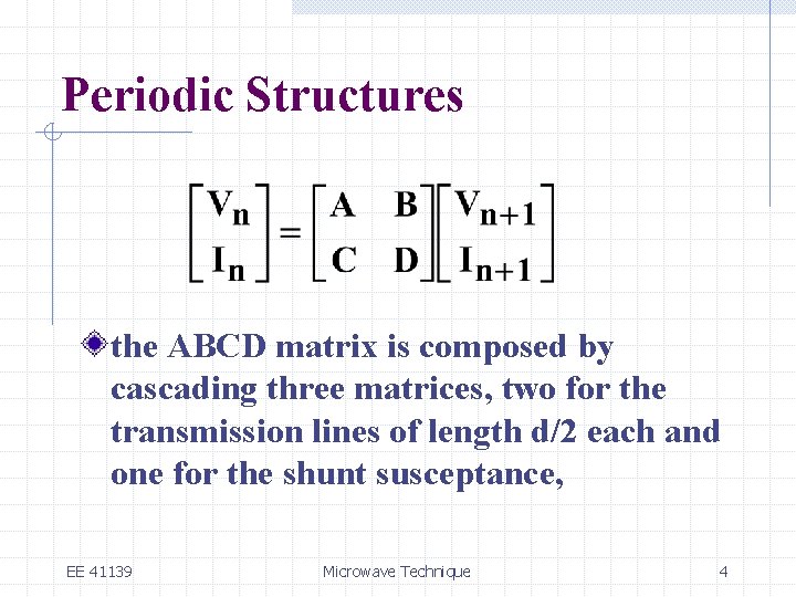 Periodic Structures the ABCD matrix is composed by cascading three matrices, two for the