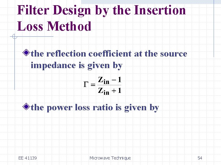 Filter Design by the Insertion Loss Method the reflection coefficient at the source impedance