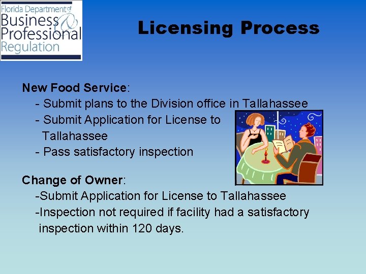 Licensing Process New Food Service: - Submit plans to the Division office in Tallahassee