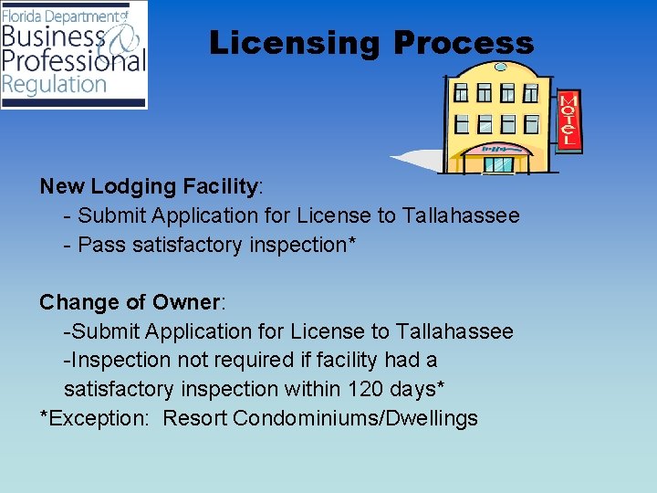 Licensing Process New Lodging Facility: - Submit Application for License to Tallahassee - Pass