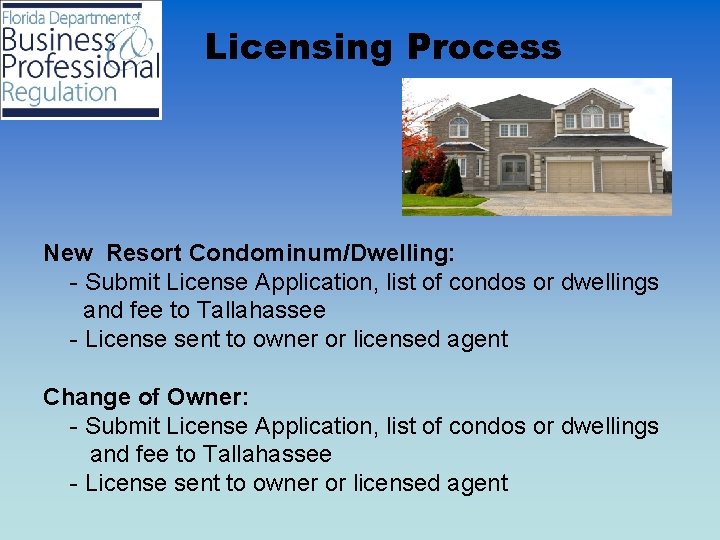 Licensing Process New Resort Condominum/Dwelling: - Submit License Application, list of condos or dwellings