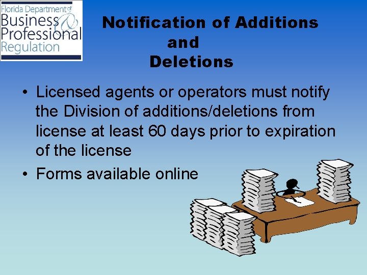 Notification of Additions and Deletions • Licensed agents or operators must notify the Division