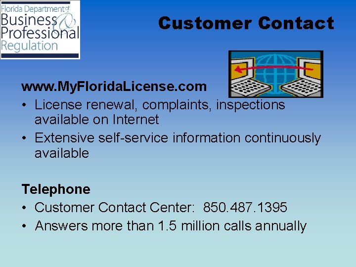 Customer Contact www. My. Florida. License. com • License renewal, complaints, inspections available on