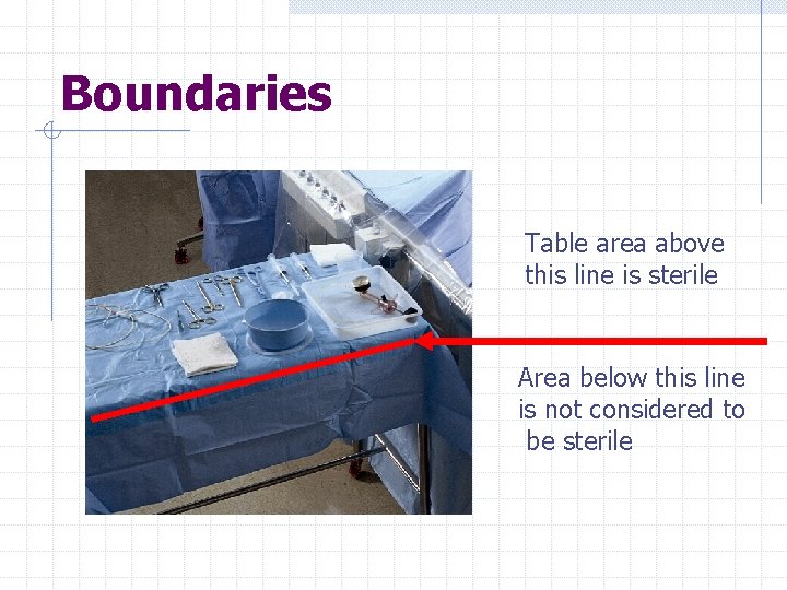 Boundaries Table area above this line is sterile Area below this line is not