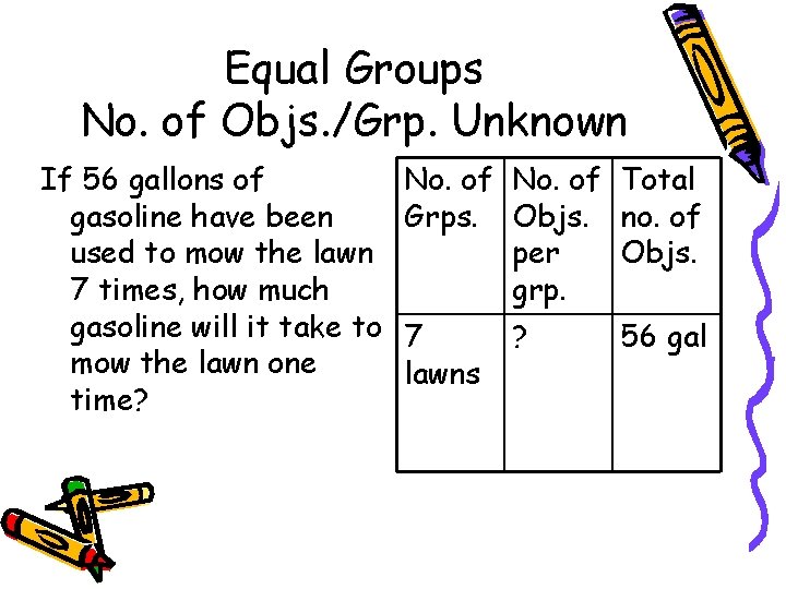 Equal Groups No. of Objs. /Grp. Unknown If 56 gallons of gasoline have been