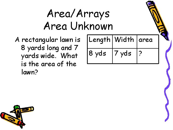 Area/Arrays Area Unknown A rectangular lawn is 8 yards long and 7 yards wide.