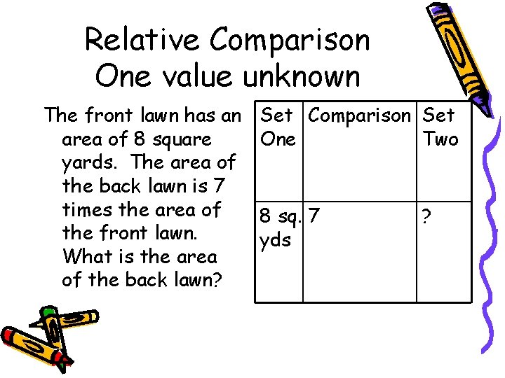 Relative Comparison One value unknown The front lawn has an area of 8 square