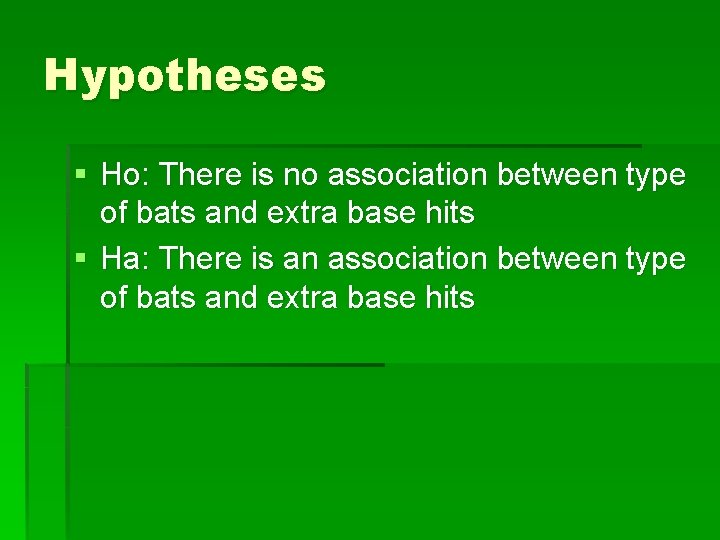 Hypotheses § Ho: There is no association between type of bats and extra base