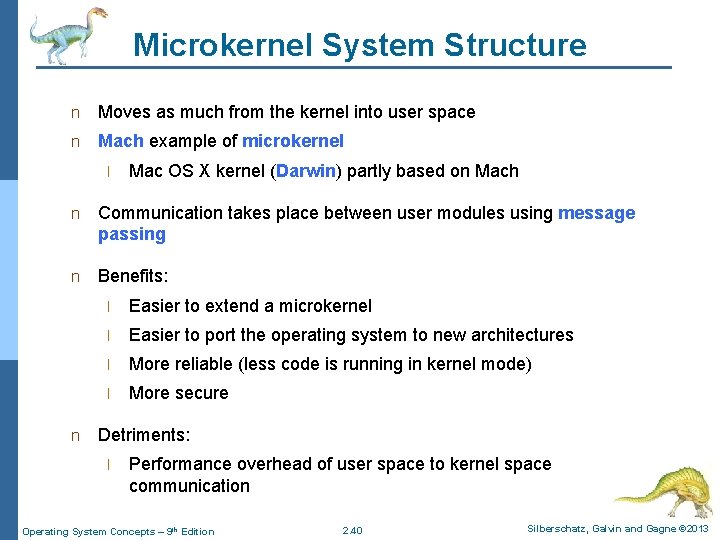 Microkernel System Structure n Moves as much from the kernel into user space n