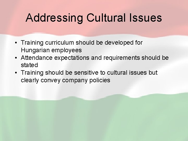 Addressing Cultural Issues • Training curriculum should be developed for Hungarian employees • Attendance