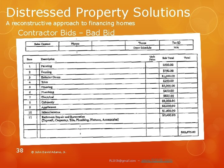 Distressed Property Solutions A reconstructive approach to financing homes Contractor Bids – Bad Bid