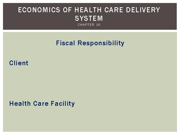 ECONOMICS OF HEALTH CARE DELIVERY SYSTEM CHAPTER 16 Fiscal Responsibility Client Health Care Facility